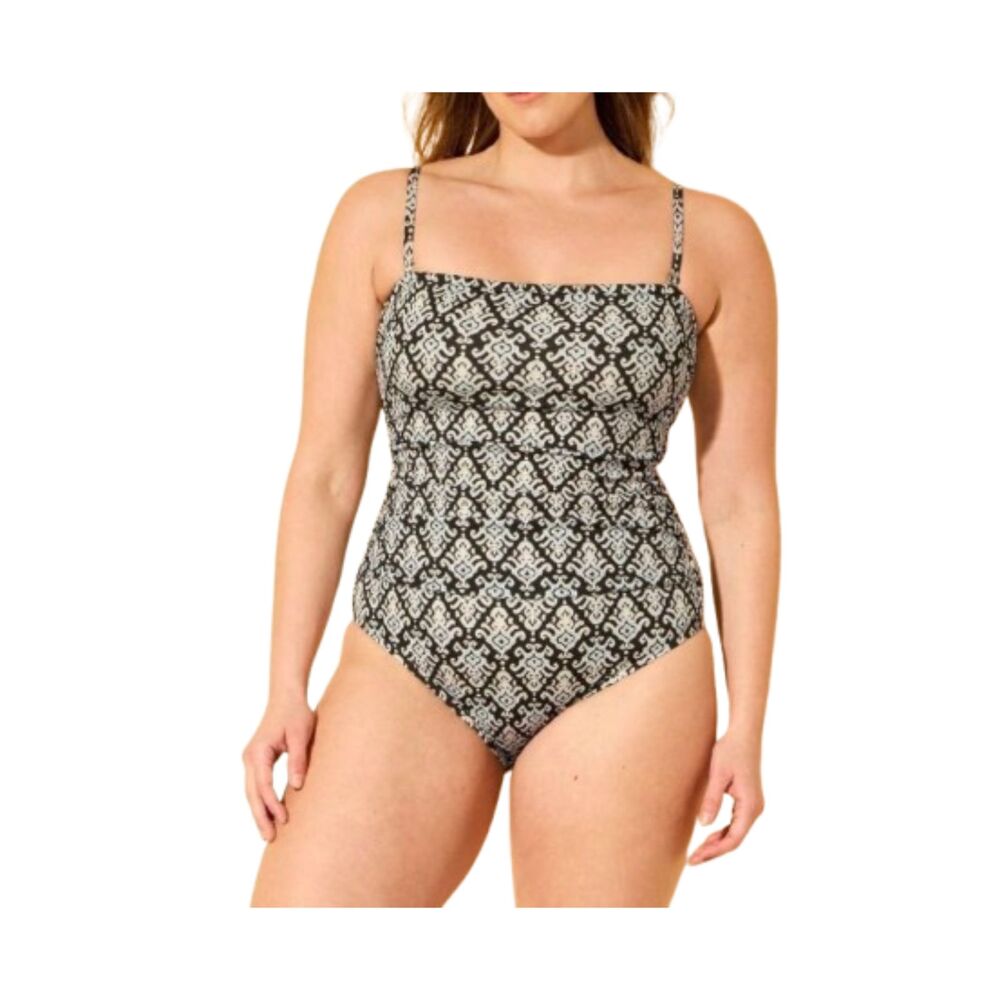 Shade & Shore NWT Shirred Black & Blue Full Coverage One Piece Swimsuit Size XL